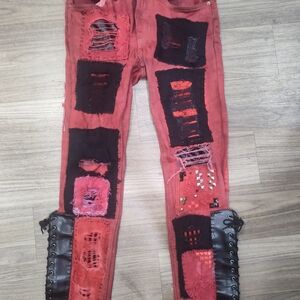 Handmade Red and Black Distressed Slim Straight Jeans